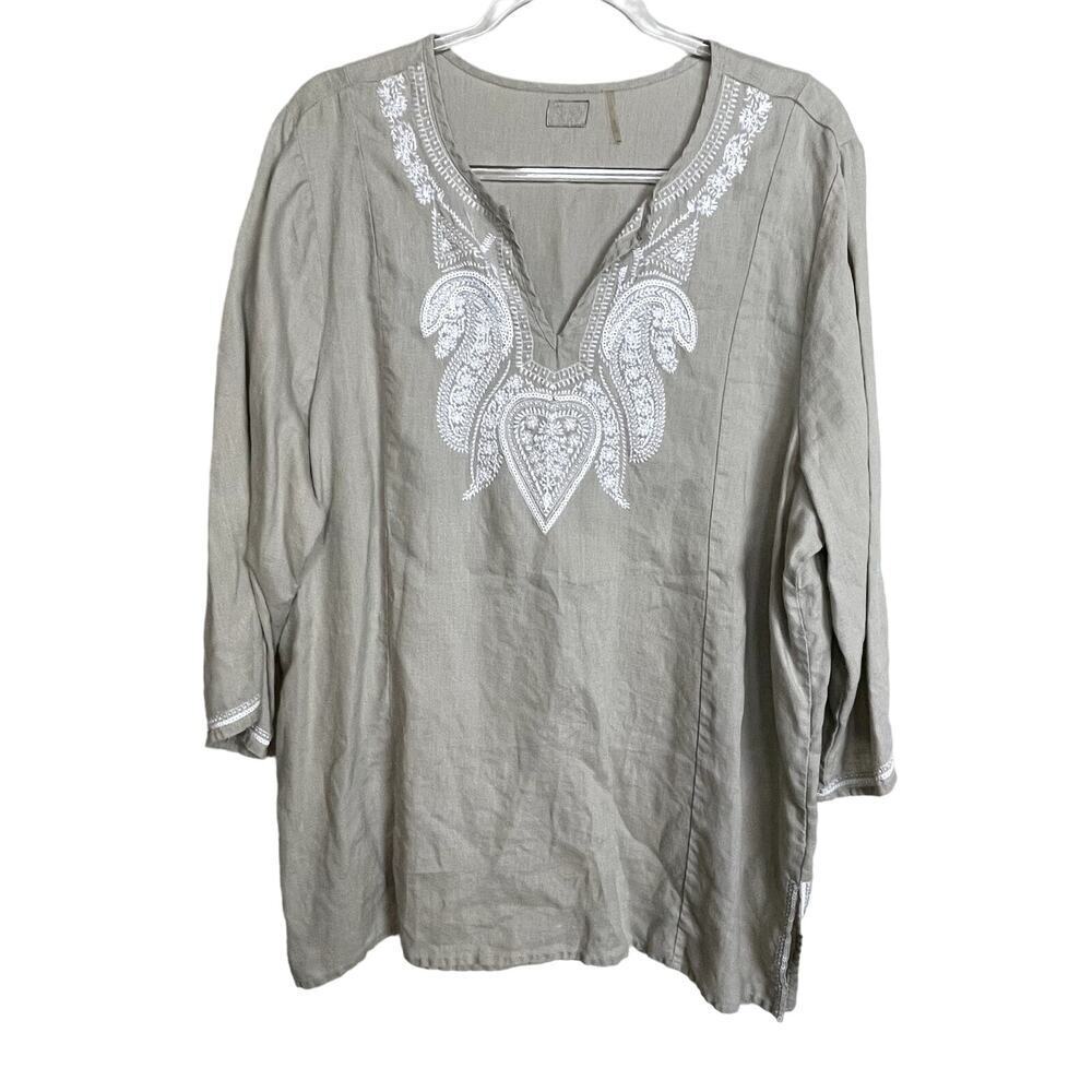 Symple NYC Linen Tunic Embroidered Sequin Oat Tan Size 1X‎ Lagenlook